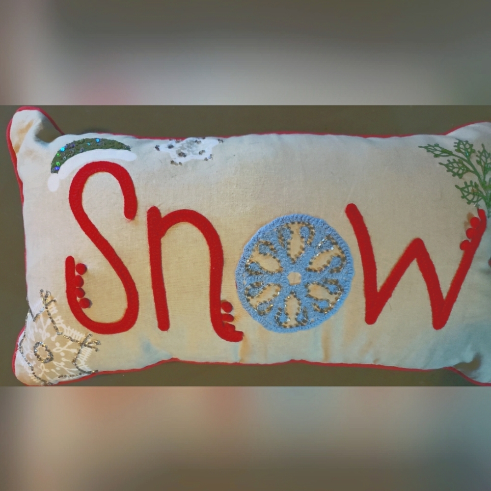 Christmas Decorative Pillow Says "SNOW" Embroidered with Sequins and Snowflakes